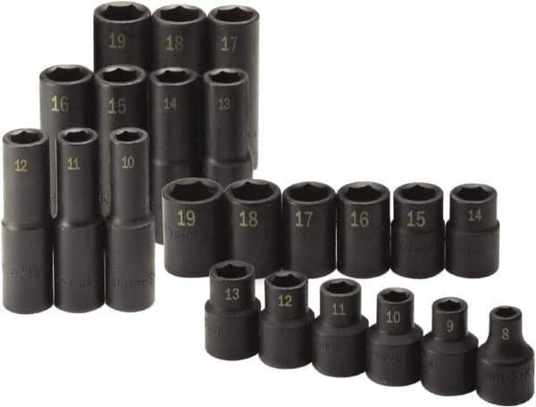 SK - 22 Piece 1/2" Drive Standard Deep Impact Socket Set - 6 Points, 8 to 19mm, Metric Measurement Standard - Industrial Tool & Supply