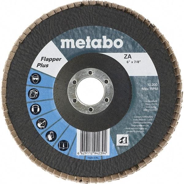Metabo - 40 Grit, 6" Disc Diam, 7/8" Center Hole, Type 27 Zirconia Alumina Flap Disc - 10,200 Max RPM, Fiberglass Backing, Arbor Attaching System, Coated - Industrial Tool & Supply