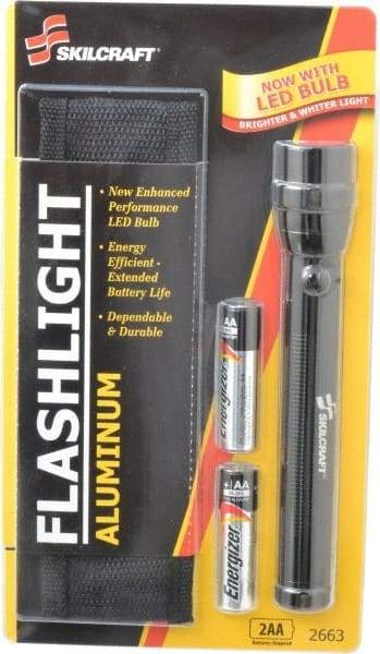 Ability One - Xenon Bulb, Industrial/Tactical Flashlight - Black Aluminum Body, 2 AA Batteries Included - Industrial Tool & Supply