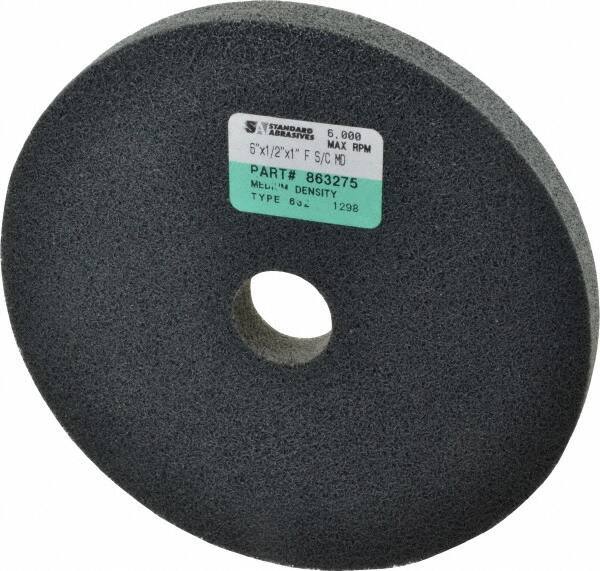 Standard Abrasives - 6" Diam, 1/2" Face Width, 1" Center Hole, Fine Grade, Silicon Carbide Deburring Wheel - Unitized, Soft/Medium Density 6 Grade, 6,000 RPM - Industrial Tool & Supply
