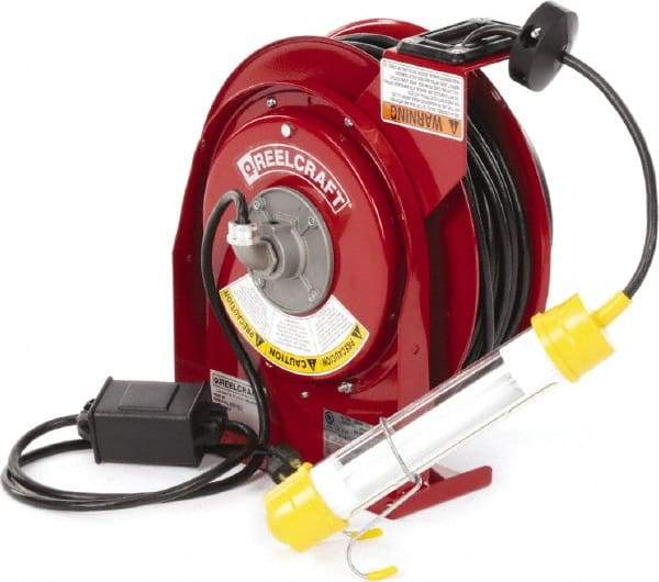 Reelcraft - 16 AWG, 50' Cable Length, Cord & Cable Reel with Fluorescent Hand Lamp End - 0 Outlets, 0.3 Amps, 125 Volts, SJTOW Cable, Red Reel - Industrial Tool & Supply