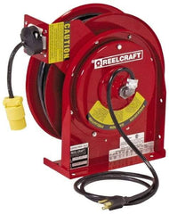 Reelcraft - 12 AWG, 45' Cable Length, Cord & Cable Reel with Outlet End - 1 Outlet, NEMA 5-15R, 15 Amps, 125 Volts, SJEOOW Cable, Red Reel - Industrial Tool & Supply
