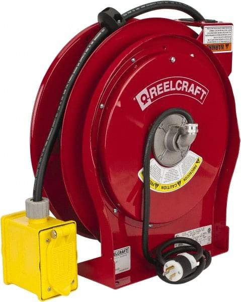 Reelcraft - 12 AWG, 50' Cable Length, Cord & Cable Reel with Duplex GFCI Outlet Box End - 2 Outlets, NEMA 5-15R, 15 Amps, 125 Volts, SEOOW Cable, Red Reel - Industrial Tool & Supply