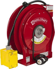 Reelcraft - 12 AWG, 50' Cable Length, Cord & Cable Reel with Duplex GFCI Outlet Box End - 2 Outlets, NEMA 5-15R, 15 Amps, 125 Volts, SEOOW Cable, Red Reel - Industrial Tool & Supply