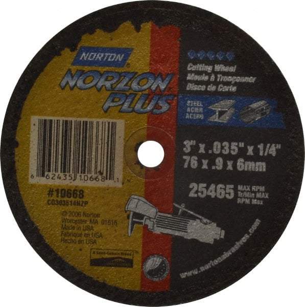 Norton - 3" Ceramic Cutoff Wheel - 0.035" Thick, 1/4" Arbor, 25,465 Max RPM, Use with Die Grinders - Industrial Tool & Supply