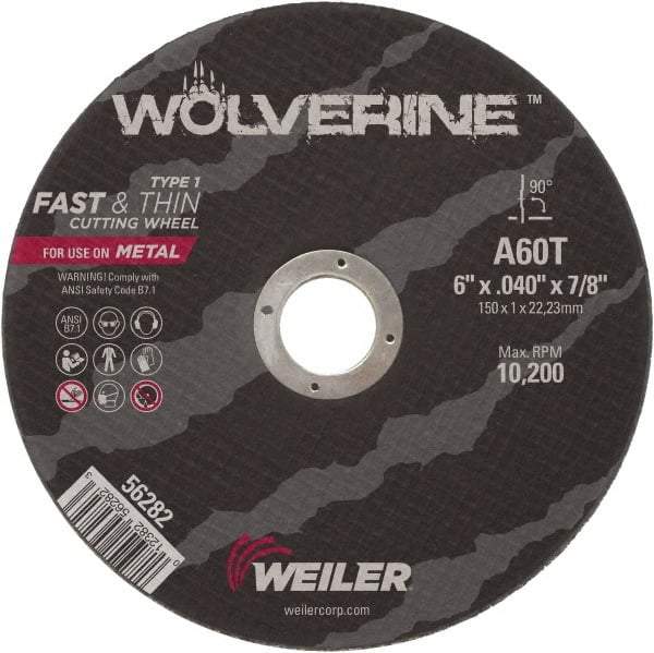 Weiler - 6" 60 Grit Aluminum Oxide Cutoff Wheel - 0.04" Thick, 7/8" Arbor, 10,200 Max RPM, Use with Angle Grinders - Industrial Tool & Supply