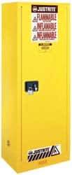 Justrite - 1 Door, 3 Shelf, Yellow Steel Space Saver Safety Cabinet for Flammable and Combustible Liquids - 65" High x 23-1/4" Wide x 18" Deep, Manual Closing Door, 22 Gal Capacity - Industrial Tool & Supply