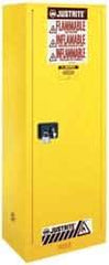 Justrite - 1 Door, 3 Shelf, Yellow Steel Space Saver Safety Cabinet for Flammable and Combustible Liquids - 65" High x 23-1/4" Wide x 18" Deep, Manual Closing Door, 22 Gal Capacity - Industrial Tool & Supply