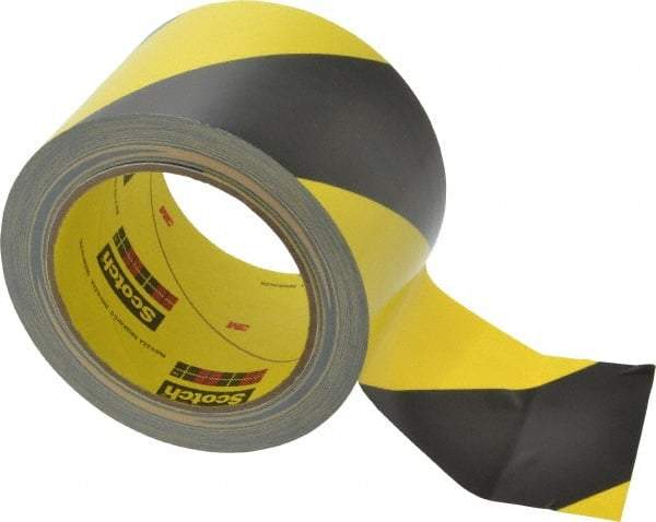 3M - Black & Yellow Striped Vinyl Tape - 3" Wide x 5.4 mil Thick, General Traffic - Industrial Tool & Supply