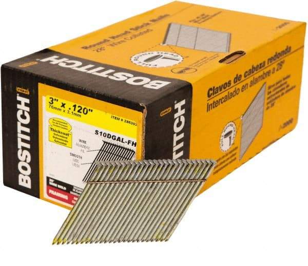 Stanley Bostitch - 11 Gauge 0.12" Shank Diam 3" Long Framing Nails for Power Nailers - Steel, Galvanized Finish, Smooth Shank, Angled Stick Wire Collation, Round Head, Diamond Point - Industrial Tool & Supply