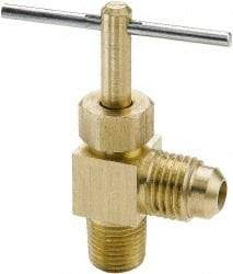 Parker - 3/8 x 1/4" Pipe, Angled Needle Valve - Flare x MNPTF Ends, Brass Valve, 150 Max psi - Industrial Tool & Supply