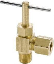 Parker - 3/8 x 1/4" Pipe, Angled Needle Valve - Compression x MNPTF Ends, Brass Valve, 150 Max psi - Industrial Tool & Supply
