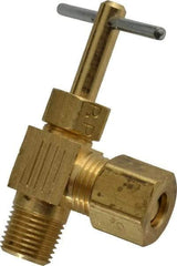 Parker - 1/4 x 1/8" Pipe, Angled Needle Valve - Compression x MNPTF Ends, Brass Valve, 150 Max psi - Industrial Tool & Supply