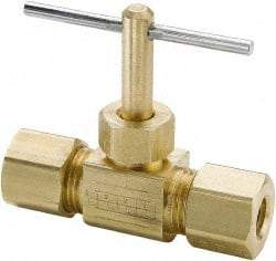 Parker - 3/8" Pipe, Inline Needle Valve - Compression x Compression Ends, Brass Valve, 150 Max psi - Industrial Tool & Supply