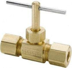 Parker - 3/8" Pipe, Inline Needle Valve - Compression x Compression Ends, Brass Valve, 150 Max psi - Industrial Tool & Supply