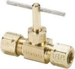 Parker - 3/8" Pipe, Inline Needle Valve - Compression x Compression Ends, Brass Valve, 150 Max psi - Industrial Tool & Supply