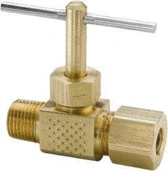 Parker - 3/8 x 1/4" Pipe, Inline Needle Valve - Compression x MNPTF Ends, Brass Valve, 150 Max psi - Industrial Tool & Supply