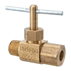 Parker - 1/4 x 1/8" Pipe, Inline Needle Valve - Compression x MNPTF Ends, Brass Valve, 150 Max psi - Industrial Tool & Supply
