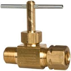 Parker - 1/4 x 1/8" Pipe, Inline Needle Valve - Compression x MNPTF Ends, Brass Valve, 150 Max psi - Industrial Tool & Supply