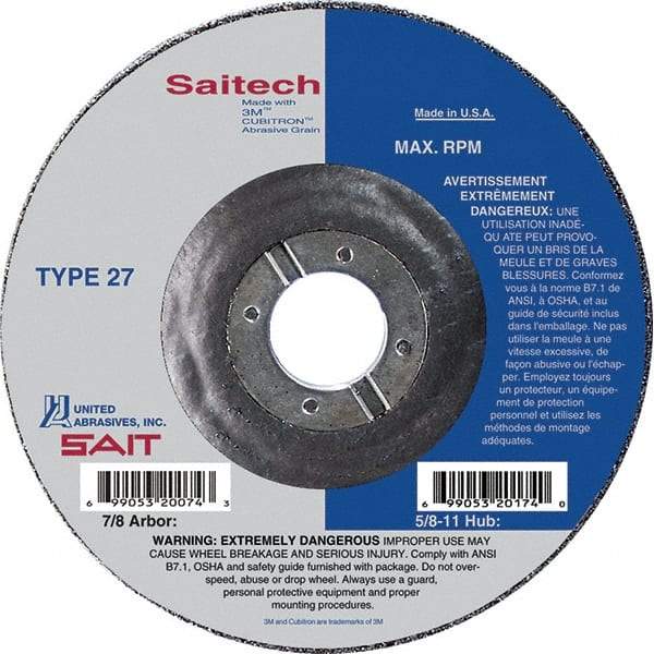 Sait - 4-1/2" Wheel Diam, 3/32" Wheel Thickness, 7/8" Arbor Hole, Type 27 Depressed Center Wheel - Ceramic, Resinoid Bond, 13,300 Max RPM, Compatible with Angle Grinder - Industrial Tool & Supply
