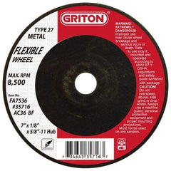 Value Collection - 36 Grit, 7" Wheel Diam, 1/8" Wheel Thickness, Type 27 Depressed Center Wheel - Aluminum Oxide, 8,500 Max RPM - Industrial Tool & Supply