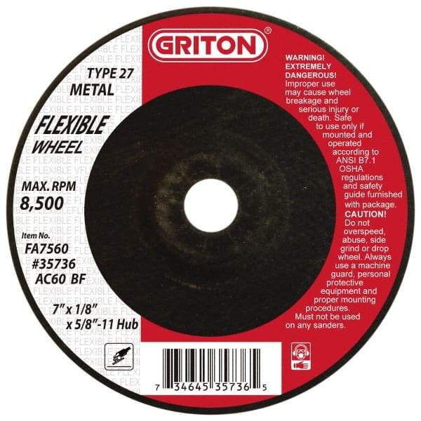 Value Collection - 60 Grit, 7" Wheel Diam, 1/8" Wheel Thickness, Type 27 Depressed Center Wheel - Aluminum Oxide, 8,500 Max RPM - Industrial Tool & Supply