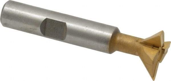 Made in USA - 3/4" Diam x 1/4" Width of Cut, 45° Included Angle, Carbide-Tipped Dovetail Cutter - 3/8" Shank Diam, 2-1/4" Overall Length, 0.02" Corner Radius, Weldon Flat, TiN Coated - Industrial Tool & Supply