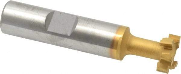 Made in USA - 9/16" Cut Diam, 15/64" Cut Width, 17/64" Neck Diam, 1/2" Shank Diam, 2-19/32" OAL, Carbide-Tipped T-Slot Cutter - TiN Finish, 1/4" Bolt, 1-13/16" Shank Length, Staggered Teeth, 6 Teeth, Weldon Flat - Industrial Tool & Supply