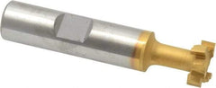 Made in USA - 9/16" Cut Diam, 15/64" Cut Width, 17/64" Neck Diam, 1/2" Shank Diam, 2-19/32" OAL, Carbide-Tipped T-Slot Cutter - TiN Finish, 1/4" Bolt, 1-13/16" Shank Length, Staggered Teeth, 6 Teeth, Weldon Flat - Industrial Tool & Supply