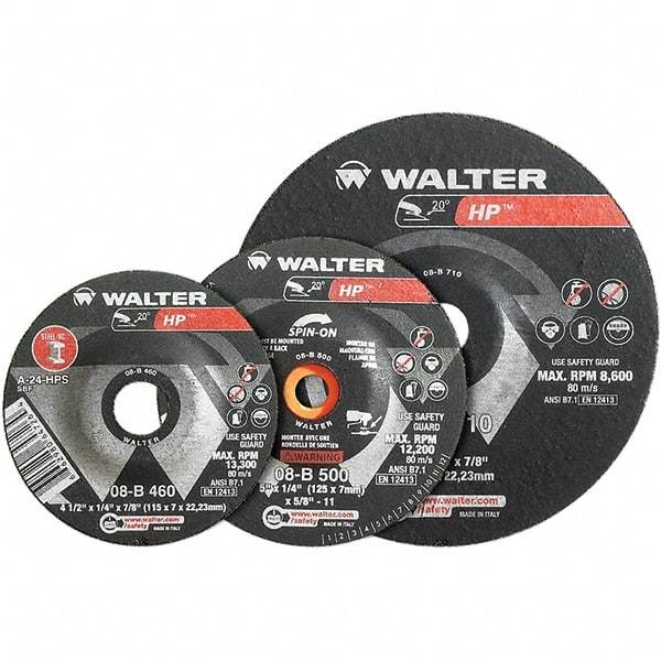 WALTER Surface Technologies - 24 Grit, 7" Wheel Diam, 1/4" Wheel Thickness, Type 28 Depressed Center Wheel - Aluminum Oxide, Resinoid Bond, 8,600 Max RPM - Industrial Tool & Supply