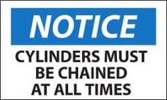 NMC - Accident Prevention Label, Header: NOTICE - Legend: Notice - Cylinders Must Be Chained at All Times, English, Black, Blue & White, 5" Long x 3" High, Sign Muscle Finish - Industrial Tool & Supply