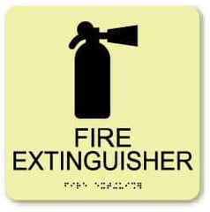 NMC - Fire Extinguisher, Plastic Fire Sign - 8" Wide x 8" High, English/Braille, Glow-in-the-Dark - Industrial Tool & Supply