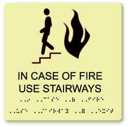 NMC - In Case of Fire - Use Stairway, Plastic Fire Sign - 8" Wide x 8" High, English/Braille, Glow-in-the-Dark - Industrial Tool & Supply