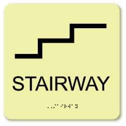 NMC - Stairway, Plastic Exit Sign - 8" Wide x 8" High, English/Braille, Glow-in-the-Dark - Industrial Tool & Supply