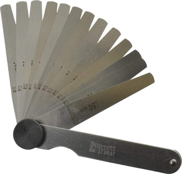 Starrett - 13 Piece, 0.03 to 0.5mm Tapered Feeler Gage Set - 77mm Long x 7 to 12.7mm Wide (Tapered), Tempered Steel - Industrial Tool & Supply