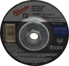 Milwaukee Tool - 24 Grit, 4-1/2" Wheel Diam, 1/4" Wheel Thickness, Type 27 Depressed Center Wheel - Aluminum Oxide, Resinoid Bond, R Hardness, 13,580 Max RPM, Compatible with Angle Grinder - Industrial Tool & Supply