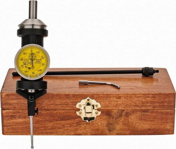 Made in USA - 5 Piece, 0mm to 6.3mm Measuring Range, Yellow Dial Test Indicator Kit - 0.005mm Accuracy, 1/8" Ball Diam, 0.01mm Dial Graduation - Industrial Tool & Supply