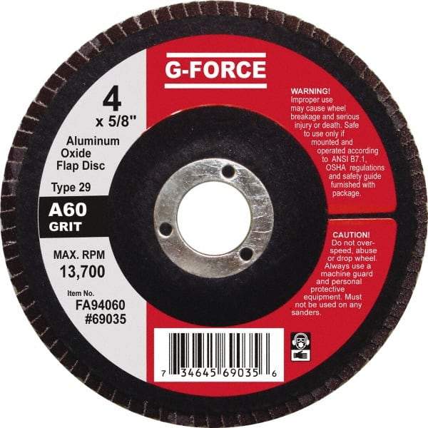 Value Collection - 60 Grit, 4" Disc Diam, 5/8" Center Hole, Type 29 Aluminum Oxide Flap Disc - 13,500 Max RPM, Fiberglass Backing, Arbor Attaching System, Coated - Industrial Tool & Supply