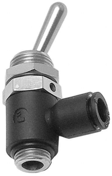 Legris - 4mm OD, 1/8 BSPP, Nylon/Nickel Plated Brass Push-to-Connect Manually Operated 3-Way Venting Valve - 230 Max psi, Black - Industrial Tool & Supply