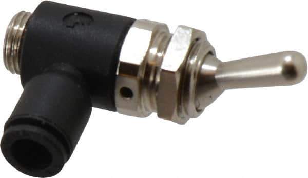 Legris - 6mm OD, 1/8 BSPP, Nylon/Nickel Plated Brass Push-to-Connect Manually Operated 3-Way Venting Valve - 230 Max psi, Black - Industrial Tool & Supply