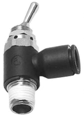 Legris - 3/8" OD, 1/4 NPT, Nylon/Nickel Plated Brass Push-to-Connect Manually Operated 3-Way Venting Valve - 230 Max psi, Black - Industrial Tool & Supply