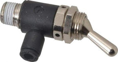 Legris - 5/32" OD, 1/8 NPT, Nylon/Nickel Plated Brass Push-to-Connect Manually Operated 3-Way Venting Valve - 230 Max psi, Black - Industrial Tool & Supply