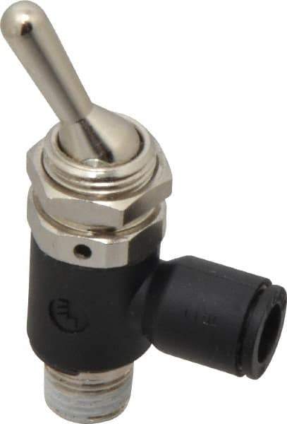 Legris - 1/4" OD, 1/8 NPT, Nylon/Nickel Plated Brass Push-to-Connect Manually Operated 3-Way Venting Valve - 230 Max psi, Black - Industrial Tool & Supply