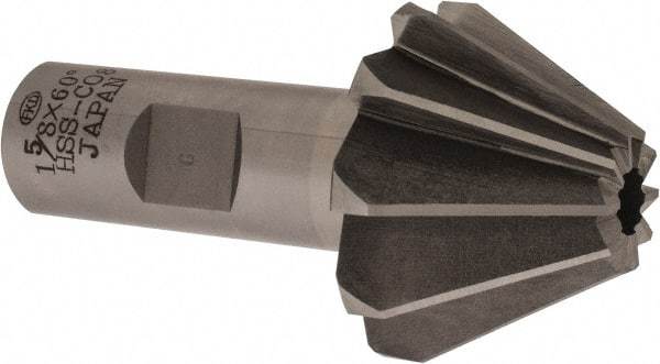 Interstate - 1-5/8" Large x 5/8" Small Diam, 1-1/16" Width of Cut, 60° Included Angle, Cobalt Face Angle Cutter - 3/4" Shank Diam, 3-1/16" Overall Length, Weldon Flat - Industrial Tool & Supply