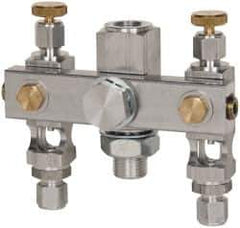 LDI Industries - 5/8-18 Outlet Thread, 1/4 Inlet Thread, Aluminum, Straight Valve, Oil Reservoir Needle Valve Manifold - 2 Outlet, 4-3/16" Wide, NPTF Inlet Thread, UNF Outlet Thread - Industrial Tool & Supply