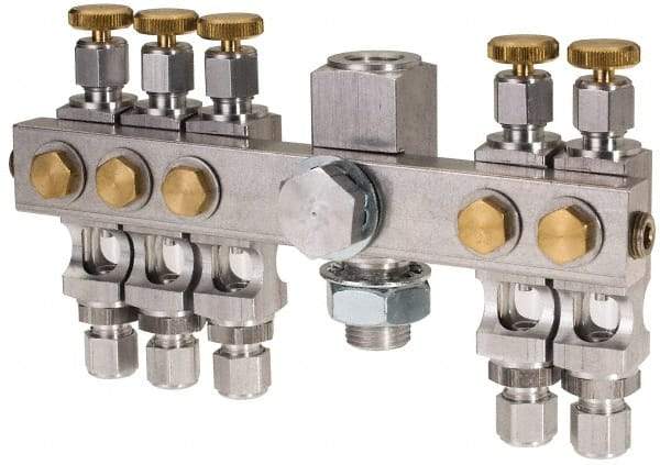 LDI Industries - 5/8-18 Outlet Thread, 1/4 Inlet Thread, Aluminum, Straight Valve, Oil Reservoir Needle Valve Manifold - 5 Outlet, 6-7/16" Wide, NPTF Inlet Thread, UNF Outlet Thread - Industrial Tool & Supply