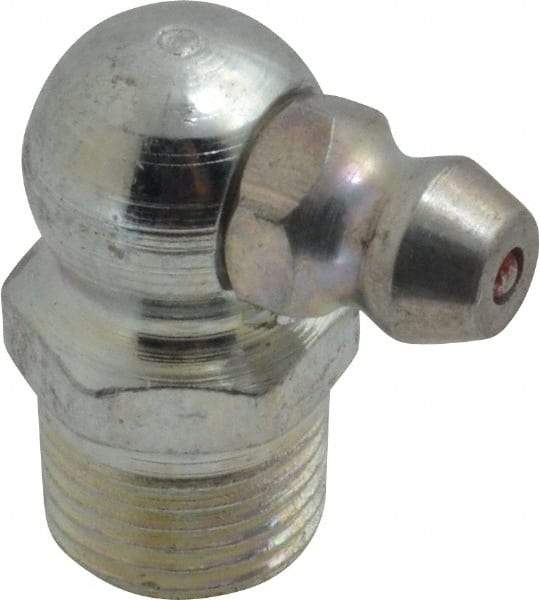 Alemite - 90° Head Angle, 1/8 PTF Steel Standard Grease Fitting - 7/16" Hex, 27/32" Overall Height, 19/64" Shank Length, 10,000 Operating psi, Zinc Plated Finish - Industrial Tool & Supply