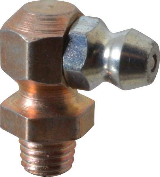 Alemite - 90° Head Angle, 1/4-28 Taper Nickel/Copper Thread-Forming Grease Fitting - 3/8" Hex, 3/4" Overall Height, Zinc Plated Finish - Industrial Tool & Supply