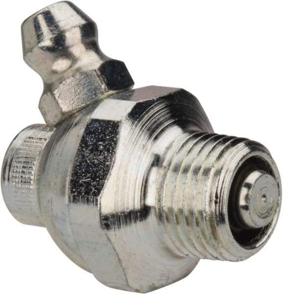 Alemite - 60° Head Angle, 1/8 PTF Nickel/Copper Shut-Off Grease Fitting - 5/8" Hex, 1" Overall Height, 17/64" Shank Length, Zinc Plated Finish - Industrial Tool & Supply