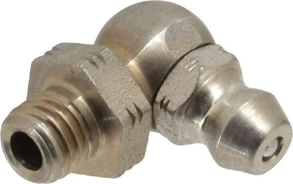 Alemite - 90° Head Angle, 1/4-28 Taper Stainless Steel Standard Grease Fitting - 3/8" Hex, 3/4" Overall Height, 13/64" Shank Length - Industrial Tool & Supply